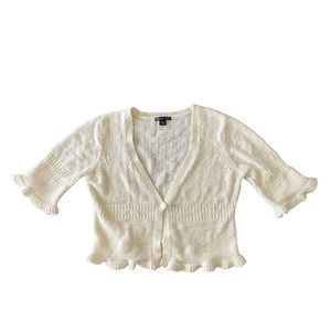 Pretty Little August Silk Cropped Cardigan in Cream - Medium - ruffled sleeves